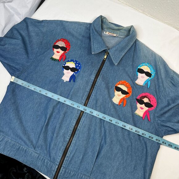 Vintage Denim Zip Up with Lady Appliqué CC Sportswear 80s Pin-Up 50s Retro Large - Picture 4 of 15
